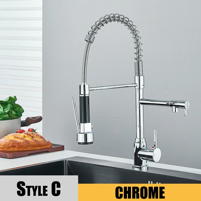 Black Pull-Down Kitchen Sink Faucet – Hot/Cold Mixer Tap, 2-Mode Sprayer, Dual Spout, 360° Flexible Deck Mount