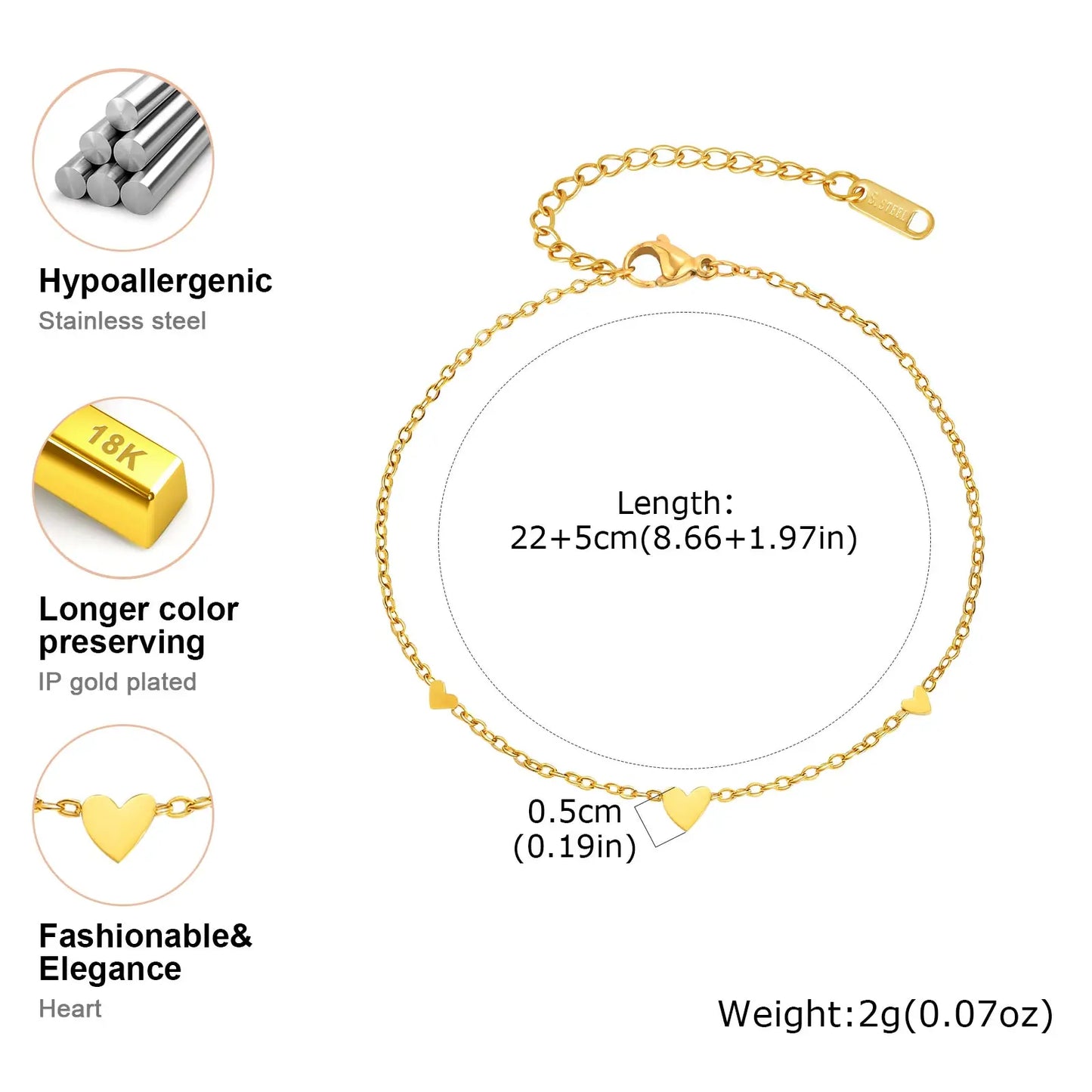 Stainless Steel Heart Anklet — Gold-Plated Dainty Beach Anklet for Women — view 6 of jewelry