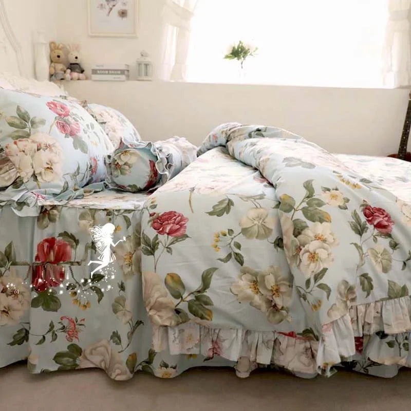 Korean 100% Cotton Floral Bedding Set – 4-Piece Duvet Cover with Flounced Cake Layer Ruffles