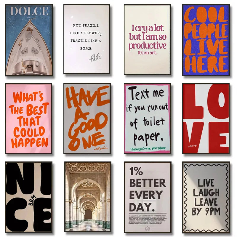 Colorful Text Typography Canvas Poster — Chic Pink & White Vintage Room Decor — view 1 of wall art & prints
