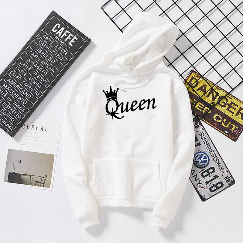 Women's Long Sleeve Hoodies Sweatshirts for Lovers Student Winter Hooded Pullovers KING Queen Crown Print Unisex