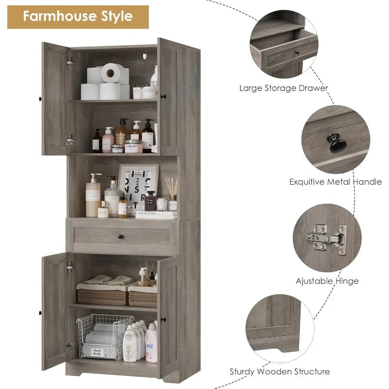 Tall Bathroom Storage Cabinets with 4 Doors & Shelves & Drawer, 67” Tall Storage Cabinet Freestanding for Bathroom, Brown