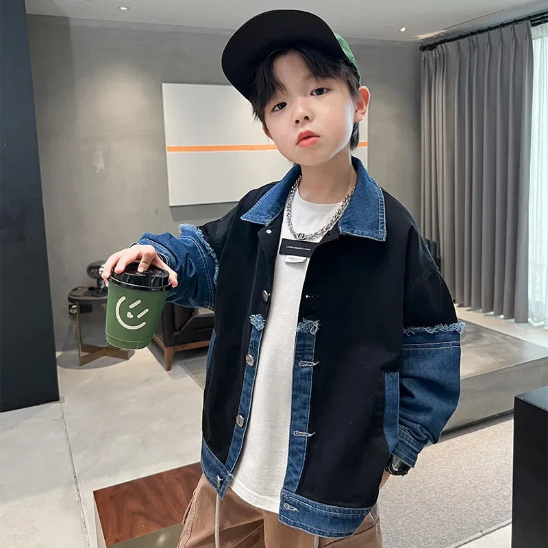 2025 Boys' Jean Coat – Patchwork Windbreaker Jacket for Kids & Teenagers (Ages 3-14)