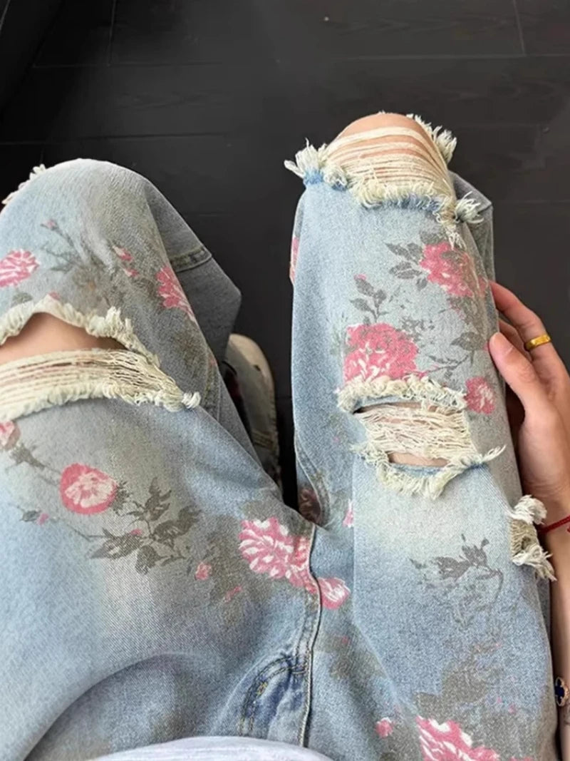Y2K Vintage Floral Fringe Jeans — High-Waist Distressed Straight-Leg Denim — variant view 5