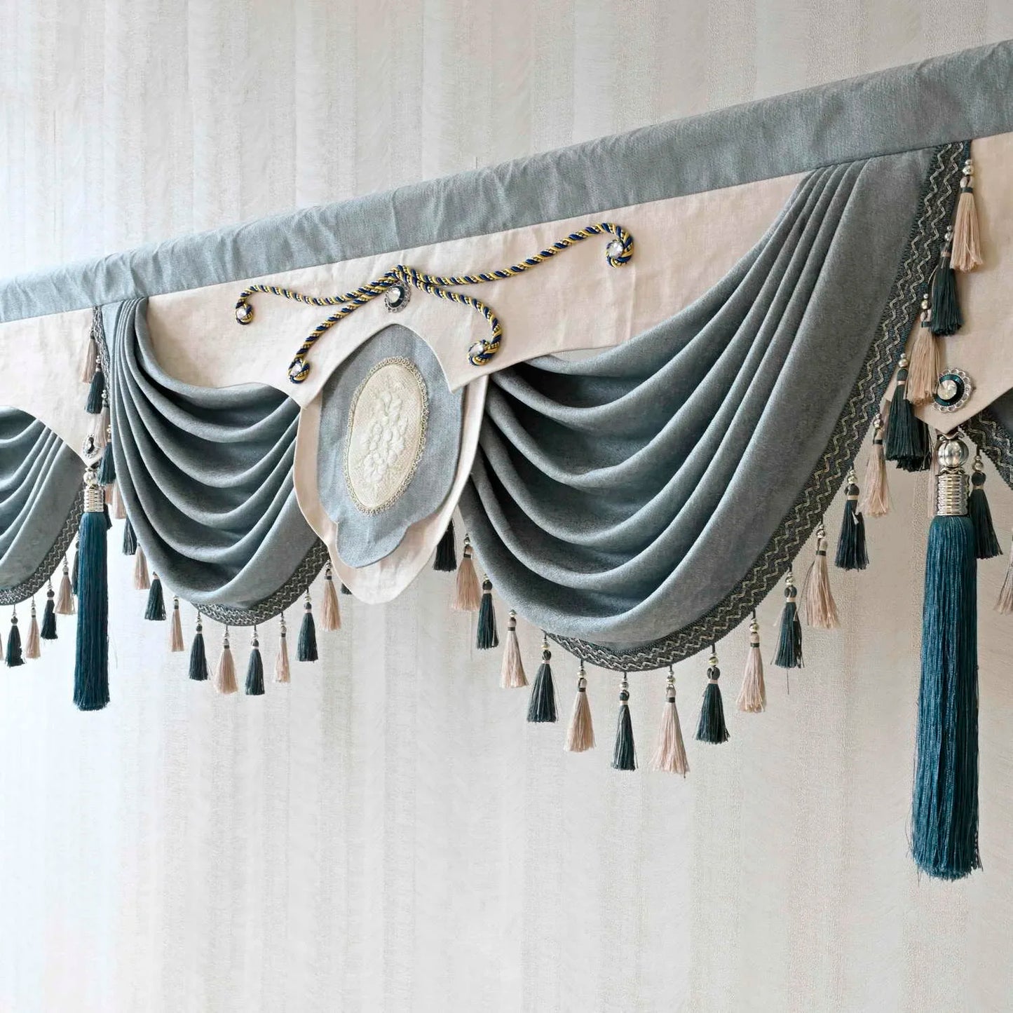 Europe Luxury Blue Swag Waterfall Valance With Tassel Beads Fringe Trim for Living Room Curtain Head Home Drapes #D