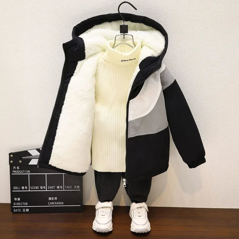 Boys’ Cotton Winter Coat – Plus Velvet Thickened Warm Christmas Overcoat with Zipper