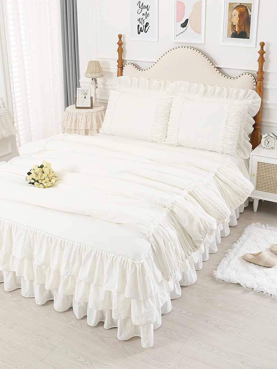 100% Premium Cotton Bedding Four Piece Set, Fairy Wind Lolita White Bed Skirt Bed Sheet Quilt Cover, Ruffle Edge Duvet Cover Set