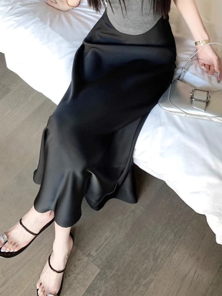 Summer Satin Skirt 2024 Women's Long Skirt Silk High Waisted Slim Fashion Korean Solid Champagne Black Midi
