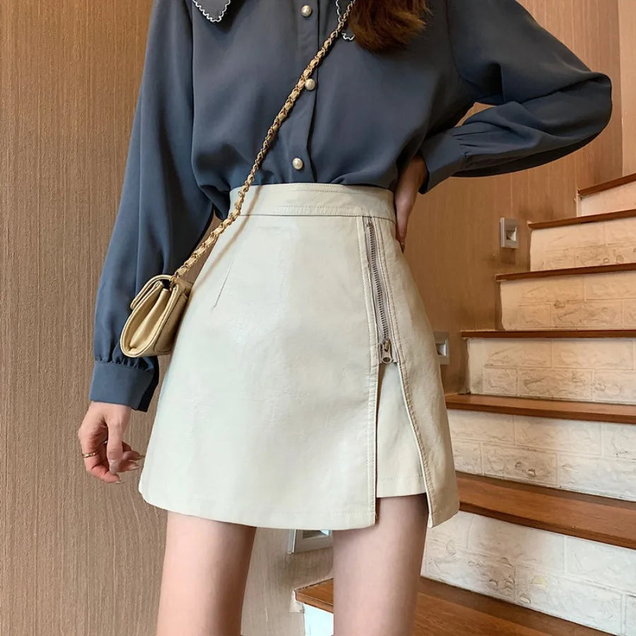 【HOT】Small leather skirt half-body skirt for women spring and autumn new fashion zipper PU leather short skirt slimming high wa — view 6 of product