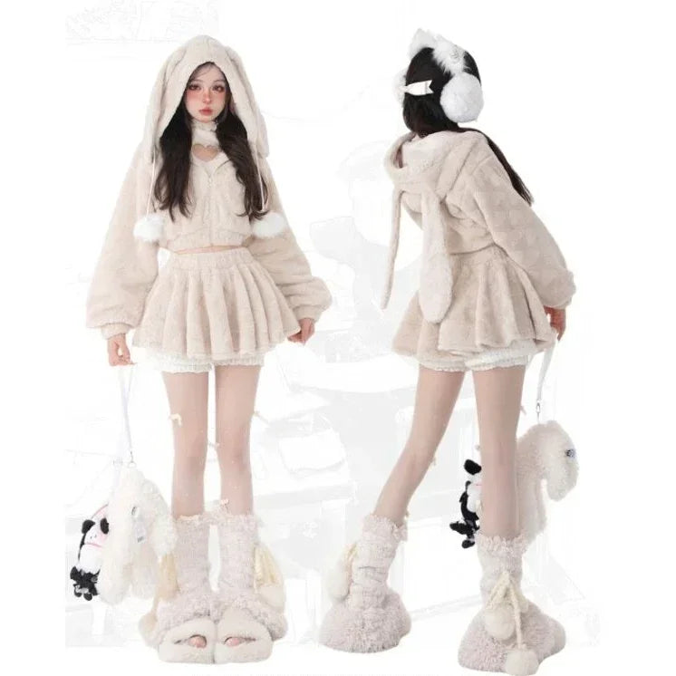 New Women's Bunny Ears Kawaii Hooded Jacket & High Waist Skirt Set – Harajuku Y2K Cute Fashion