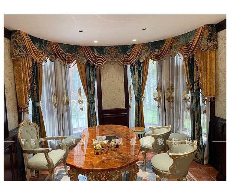 Custom luxury villa window bedroom European American retro velvet green cloth valance blackout curtain tulle drape C1972