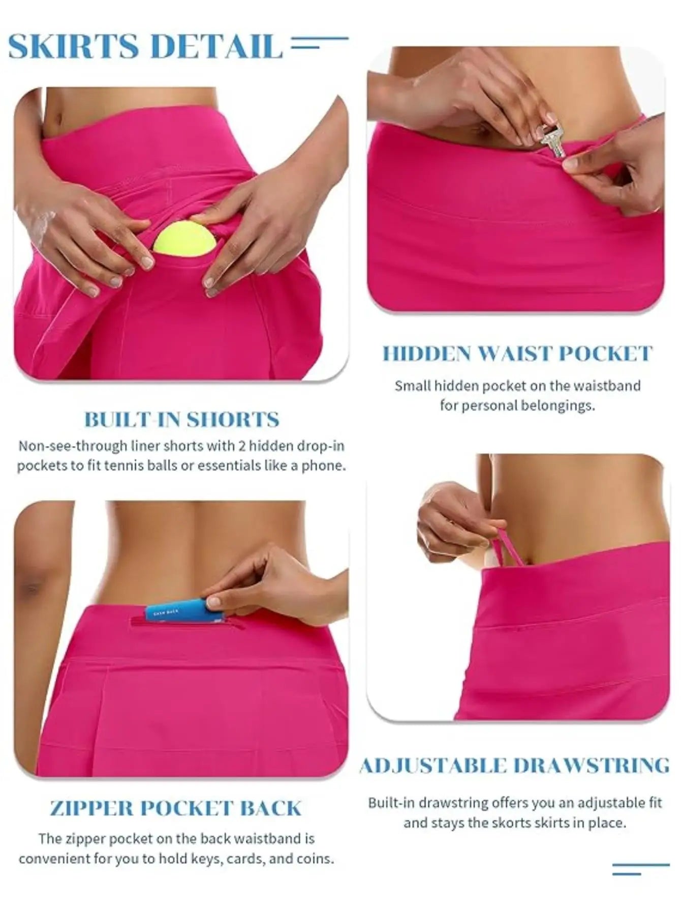 Tennis Golf Skort — High-Waist with Inner Shorts in Bright Pink — color detail