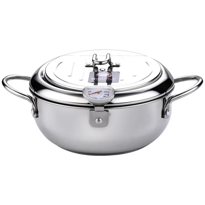 Japanese Style Deep Fryer Stainless Steel With Thermometer And Basket And Lid Kitchen Tempura Fry Pan Deep Fry Kitchenware