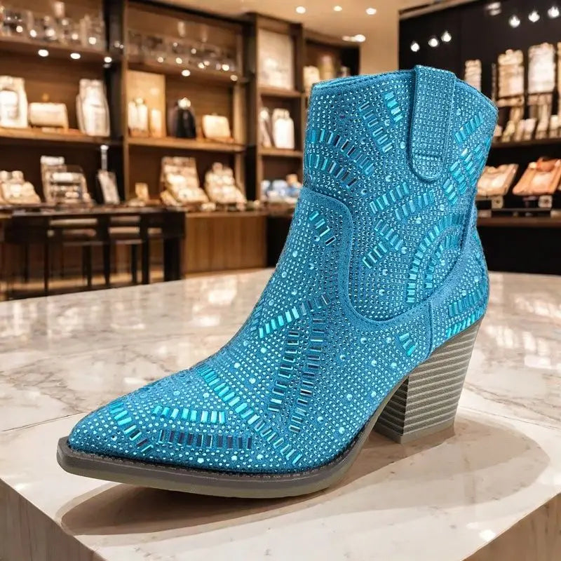 Diamond Chelsea Cowboy Boots — Y2K Western Ankle Boots with Crystal Detailing — view 10 of boots