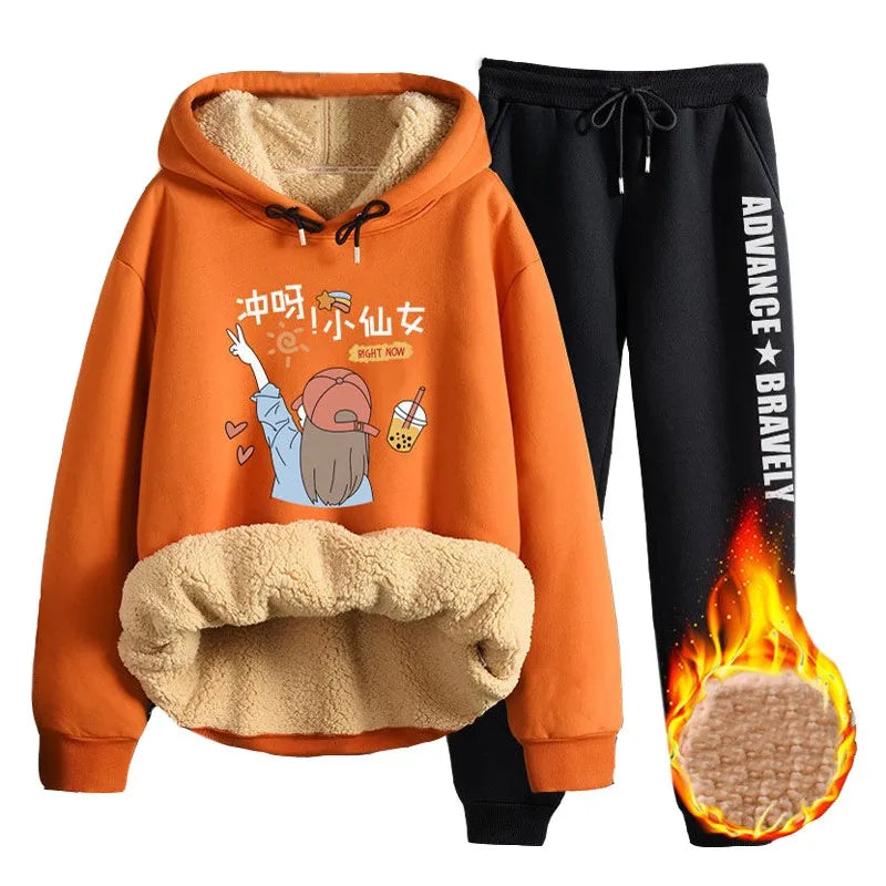 Women’s Autumn/Winter Thick Lamb Velvet Hoodie Suit – 2-Piece Harajuku Sweatshirt & Pants Set