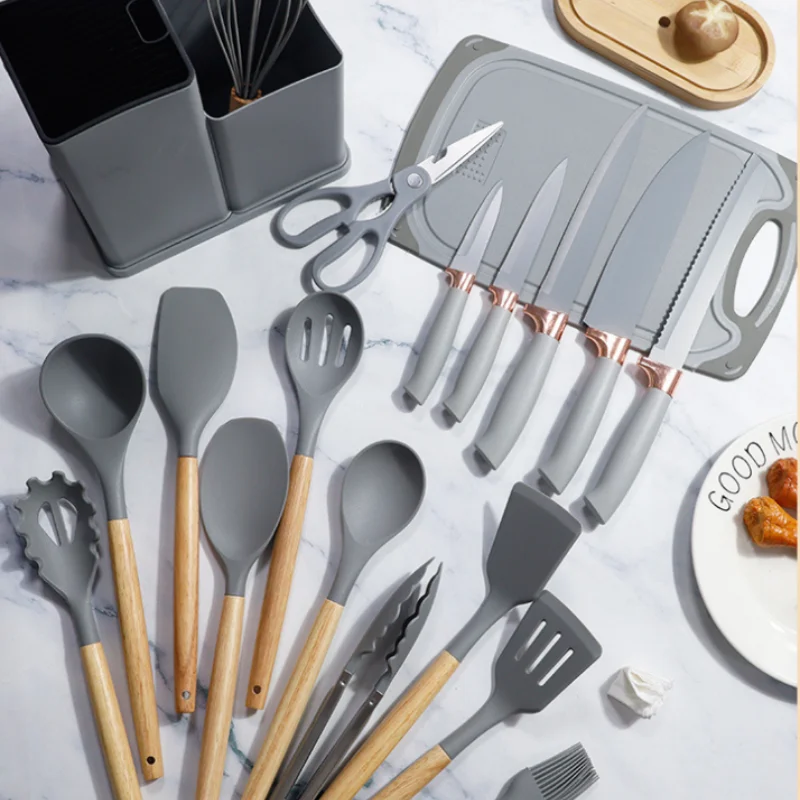 Silicone kitchenware set,19 piece non stick cooking pot with wooden handle spoon,multifunctional integrated knife storage bucket