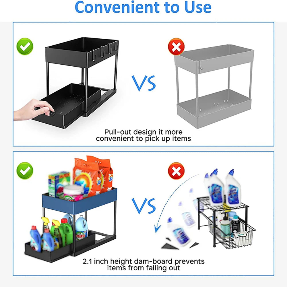 2-Tier Sliding Cabinet Basket Organizer – Under Sink Storage Rack with Hooks & Hanging Cup, Black