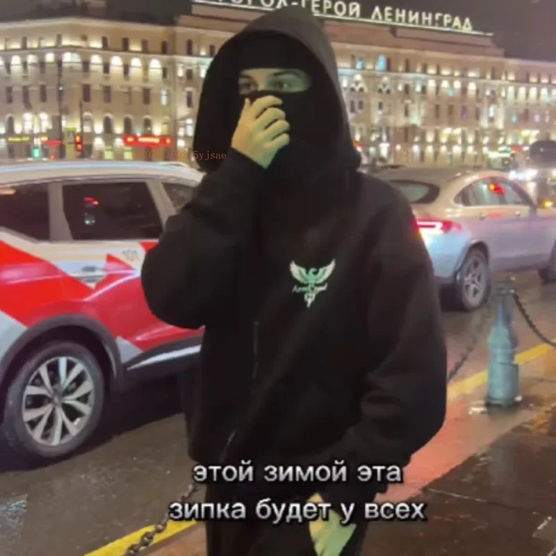 INS New Y2K Ninja Mask Hoodie – Eagle Print Double Hood Streetwear Sweatshirt