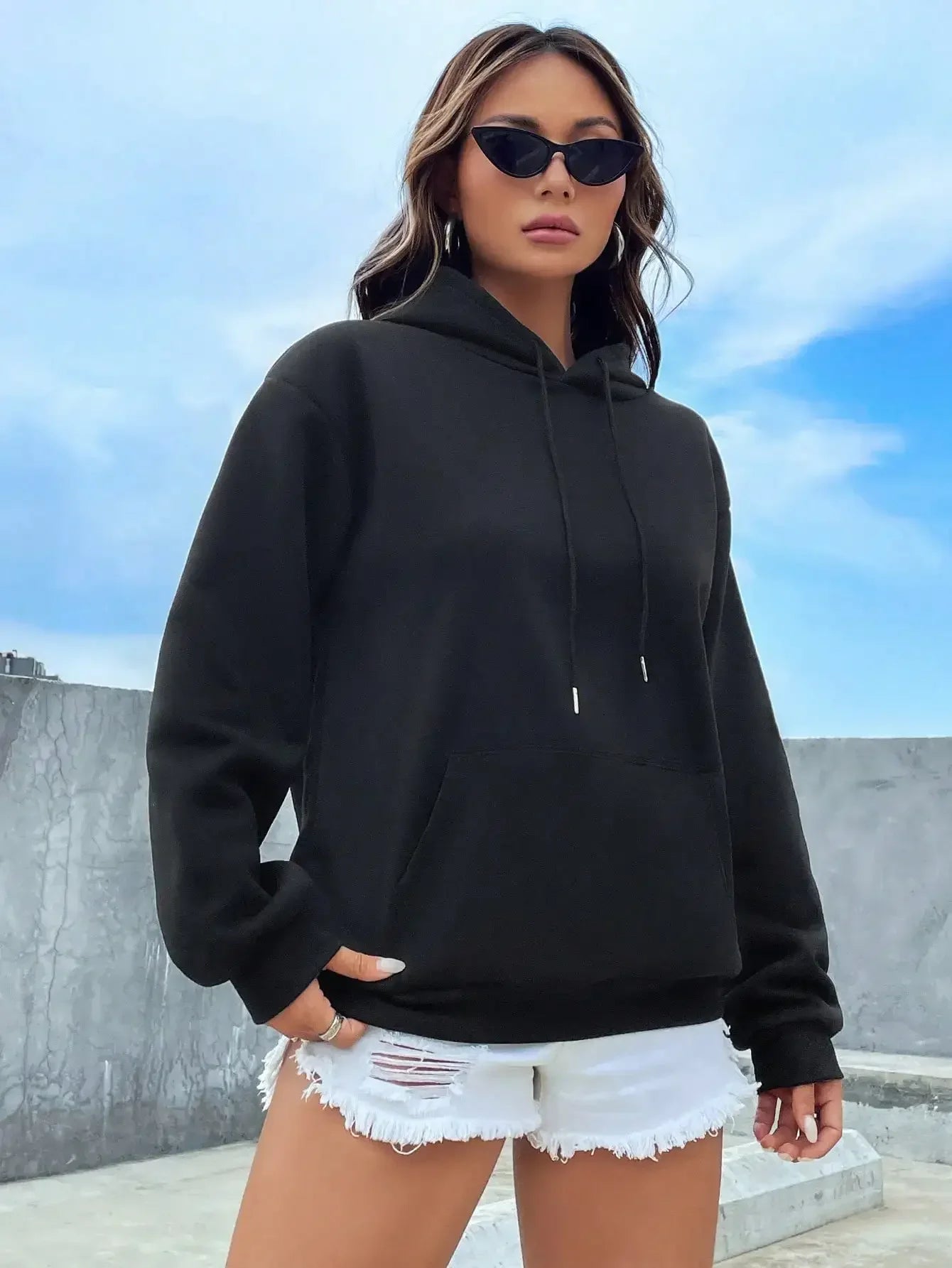 Women’s Solid Color Pocket Sweatshirt – Casual All-Match Creative Hoodie