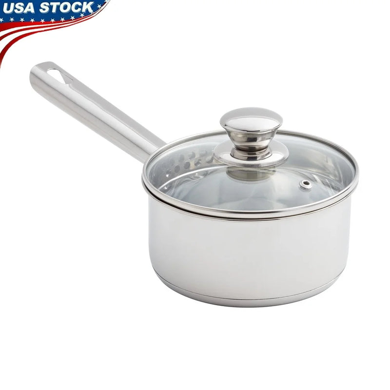 Stainless Steel Saucepan 1Qt Oven-Safe with Straining Lid Pour Spouts Gas Induction Compatible