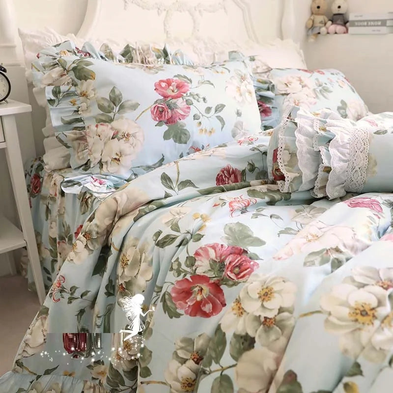 Korean 100% Cotton Floral Bedding Set – 4-Piece Duvet Cover with Flounced Cake Layer Ruffles
