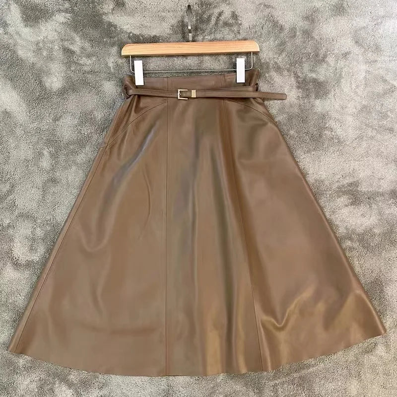 A-Line Sheepskin Leather Midi Skirt – Winter Stylish European Design with Belt