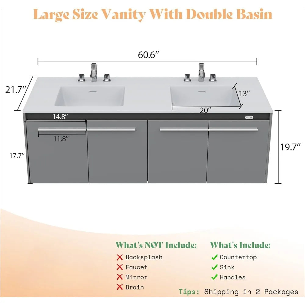 60" Floating Bathroom Vanity with Sink – Wall-Mounted Storage Cabinet with Soft-Close Doors