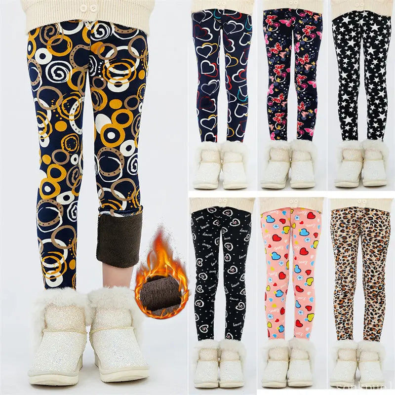 4-13Y Girls’ Warm Velvet Star Print Leggings – Cozy Trousers for Autumn & Winter