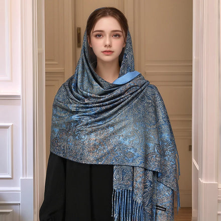 Luxury Paisley Pashmina Embroidery — Cashmere Reversible Drape Floral Designer Shawl Wrap — view 1 of scarves & wraps