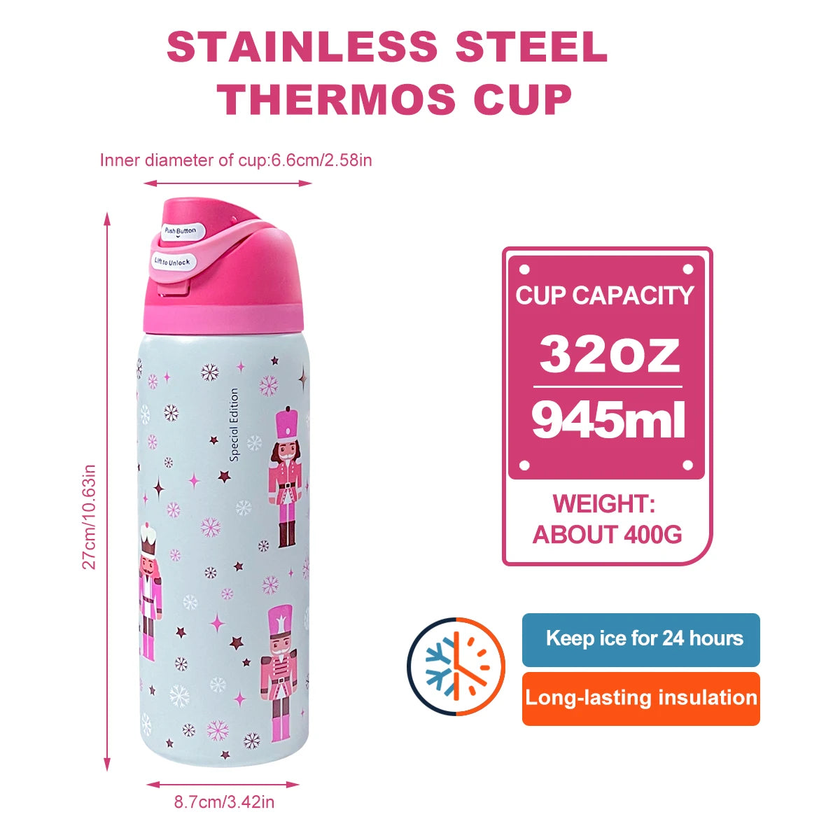 Insulated Stainless Steel Water Bottle — 32oz Straw Tumbler, Keeps Drinks Cold 24h — view 4 of drinkware