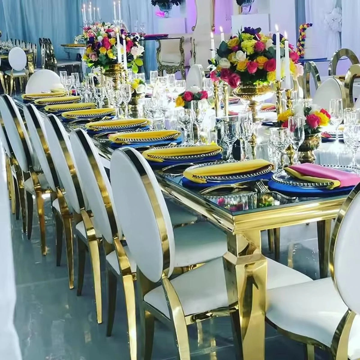 50pcs Gold/Silver Stainless Steel Oval Back Banquet Chairs – Luxury Wedding & Hotel Furniture