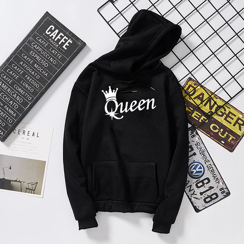 Women's Long Sleeve Hoodies Sweatshirts for Lovers Student Winter Hooded Pullovers KING Queen Crown Print Unisex