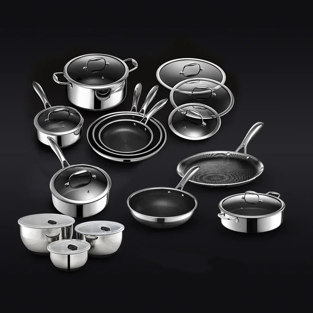 20-Piece Hybrid Cookware Set with Lids – Stainless Steel Wok & 3-Ply Honeycomb Kitchenware