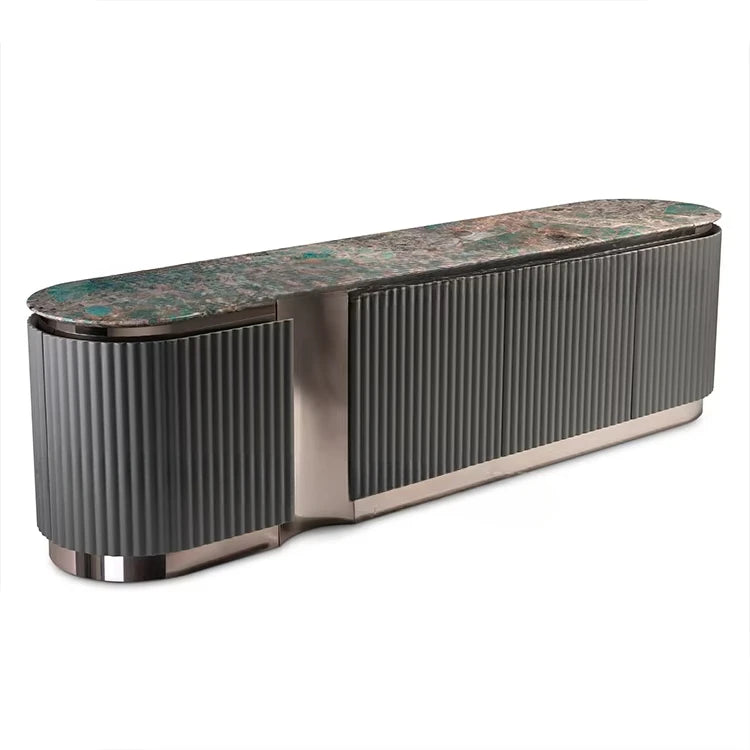 Luxury Grey Wooden TV Cabinet – Modern Marble & Stainless Steel Stand
