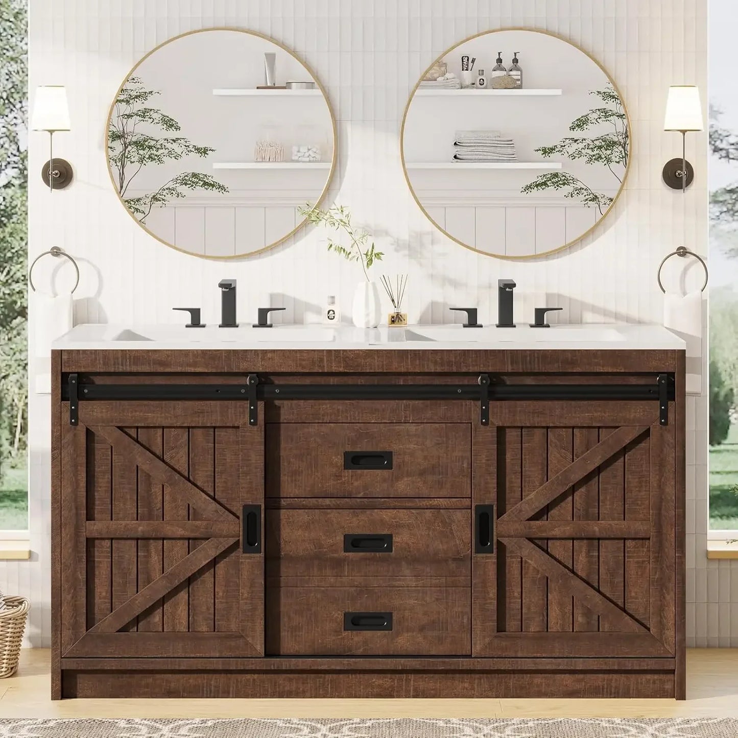 61" Farmhouse Double Bathroom Vanity – Dual Basin Sink Combo with Storage Cabinet
