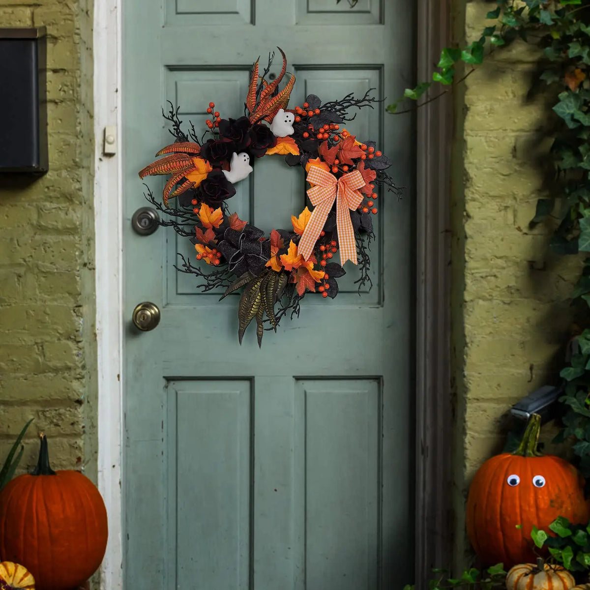 26-Inch Halloween Ghost Wreath for Front Door with Black Roses — product photo 7