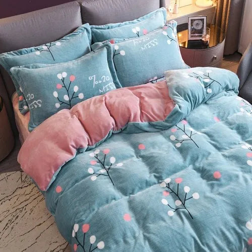 Coral Fleece Four-Piece Set Winter Thicken Thermal Double-Sided Flannel Bed Sheet Leopard Quilt Cover Milk Fiber Bedding