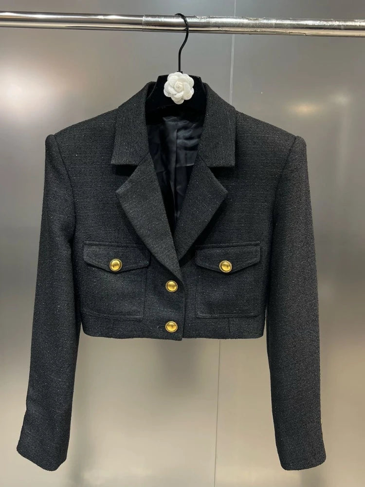 Sexy Spice Girls-Inspired Black Woven 2-Piece Suit – Blazer Coat + Bra Bodysuit Shorts with Belt (Autumn Edition)