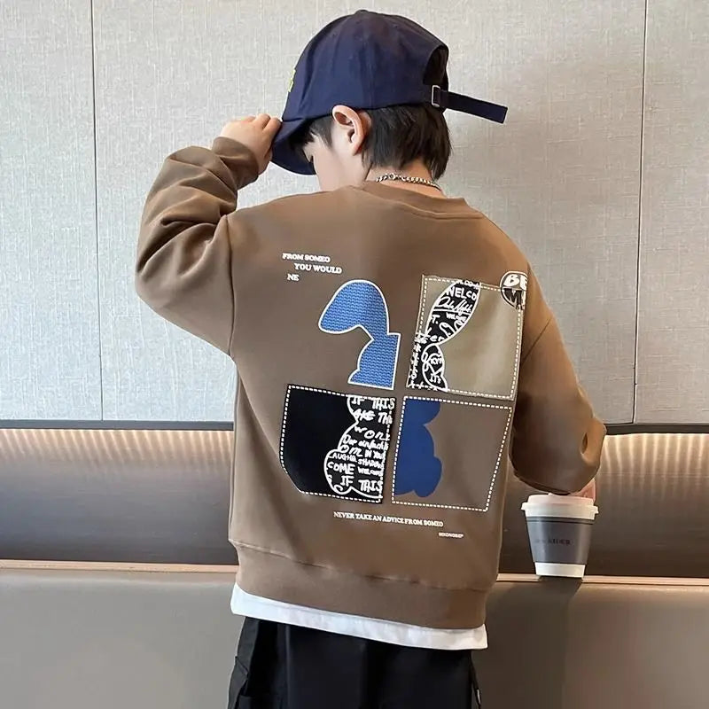 Boys’ Spring & Autumn Cotton Sweatshirt – Rabbit Patchwork Sports Style Bottoming Shirt