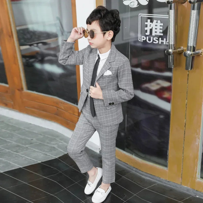 Kids’ Plaid Blazer & Pants Set – Boys’ Casual 2-Piece Suit for Spring & Autumn (Ages 3–11 Years)