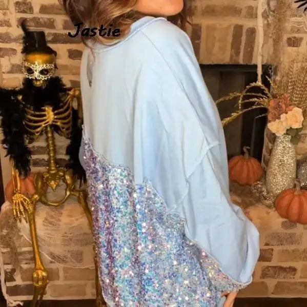 2024 Autumn Winter New Loose Sequin Patchwork Hoodie For Women Fashion Button Spring Pullover Tops