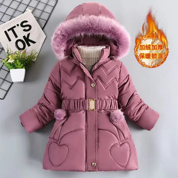 Winter Girls’ Hooded Fur Collar Coat – Warm & Thick Princess Jacket with Zipper (3-10 Years) — view 1 of outerwear