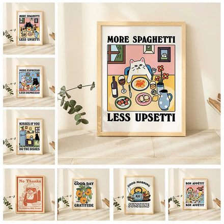 Spaghetti & Espresso Cat Canvas Poster — Retro Kitchen Wall Art for Café & Home — view 1 of wall art & prints