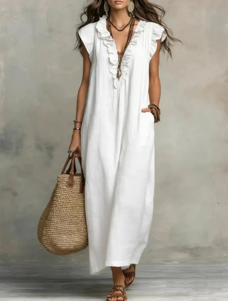 Women's Boho Linen-Blend Ruffle Maxi Dress, V-Neck & Pockets — view 1 of dresses