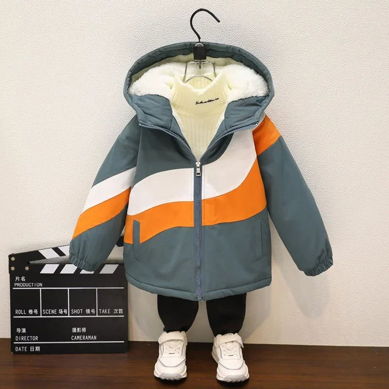 Boys’ Cotton Winter Coat – Plus Velvet Thickened Warm Christmas Overcoat with Zipper