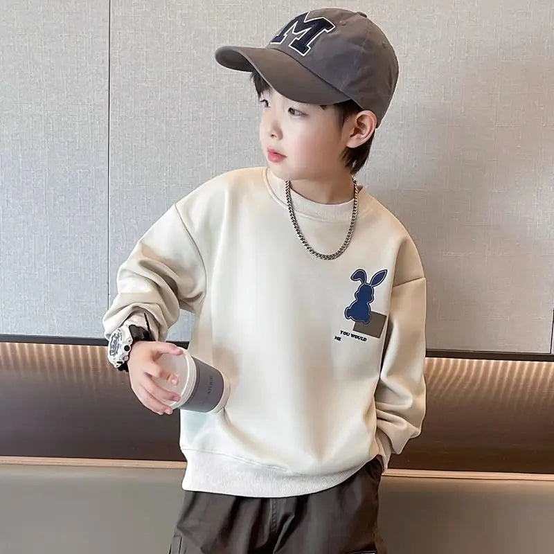 Boys’ Spring & Autumn Cotton Sweatshirt – Rabbit Patchwork Sports Style Bottoming Shirt