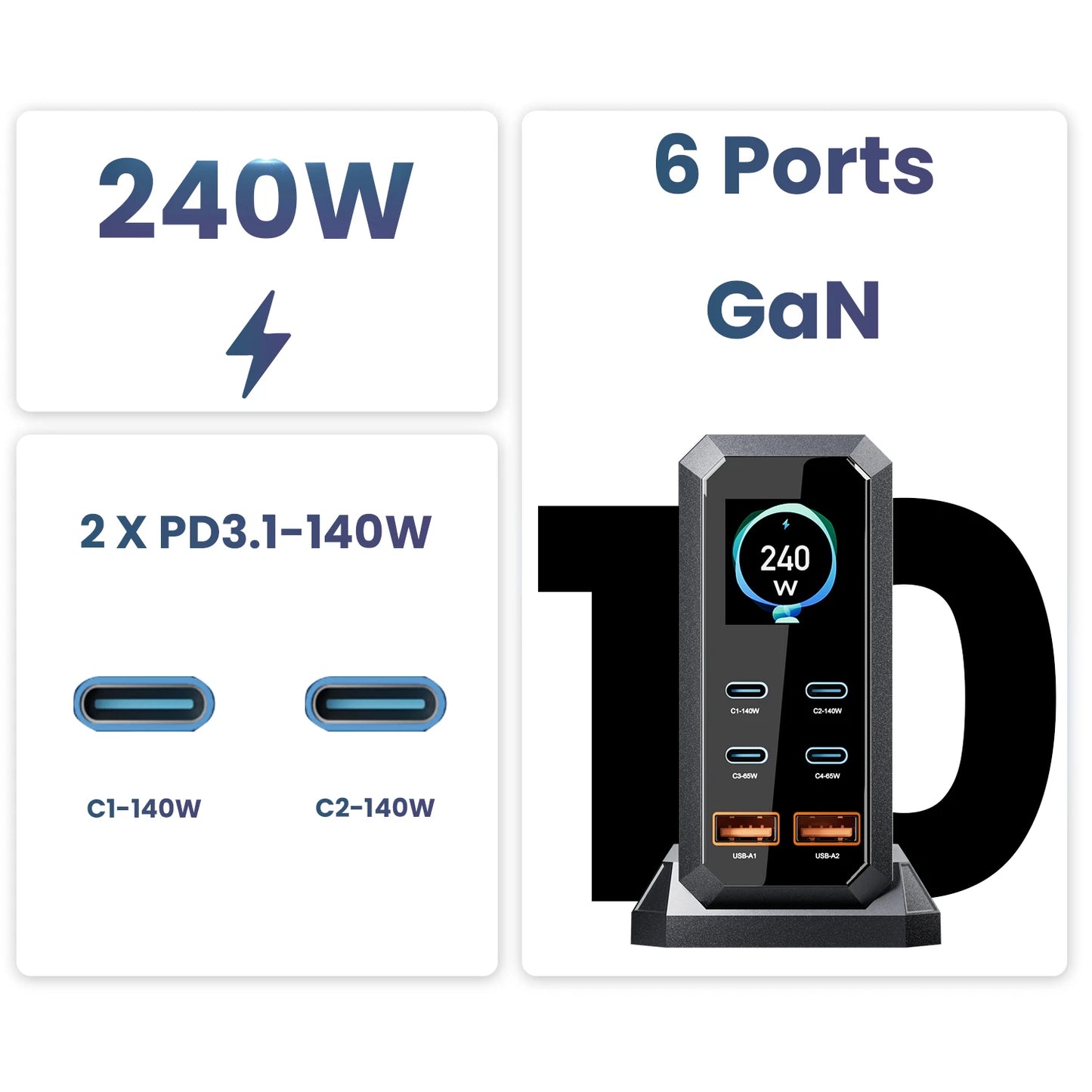 ASOMETECH 240W GaN 6-in-1 Charging Station — 140W PD3.1 Desktop MacBook Hub — view 6 of chargers & cables