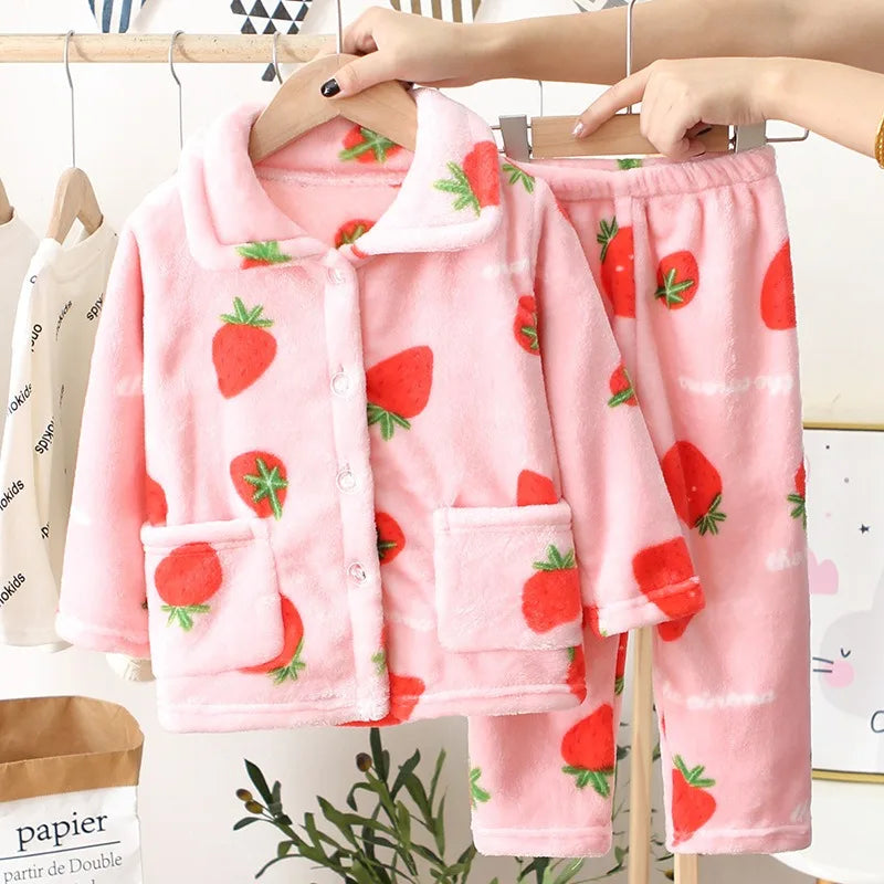 Kids Boys Girls Autumn Winter Flannel Pajama Sets Cute Cartoon Long Sleeve Lapel Tops with Pants Baby Sleepwear Clothing 1-12Y