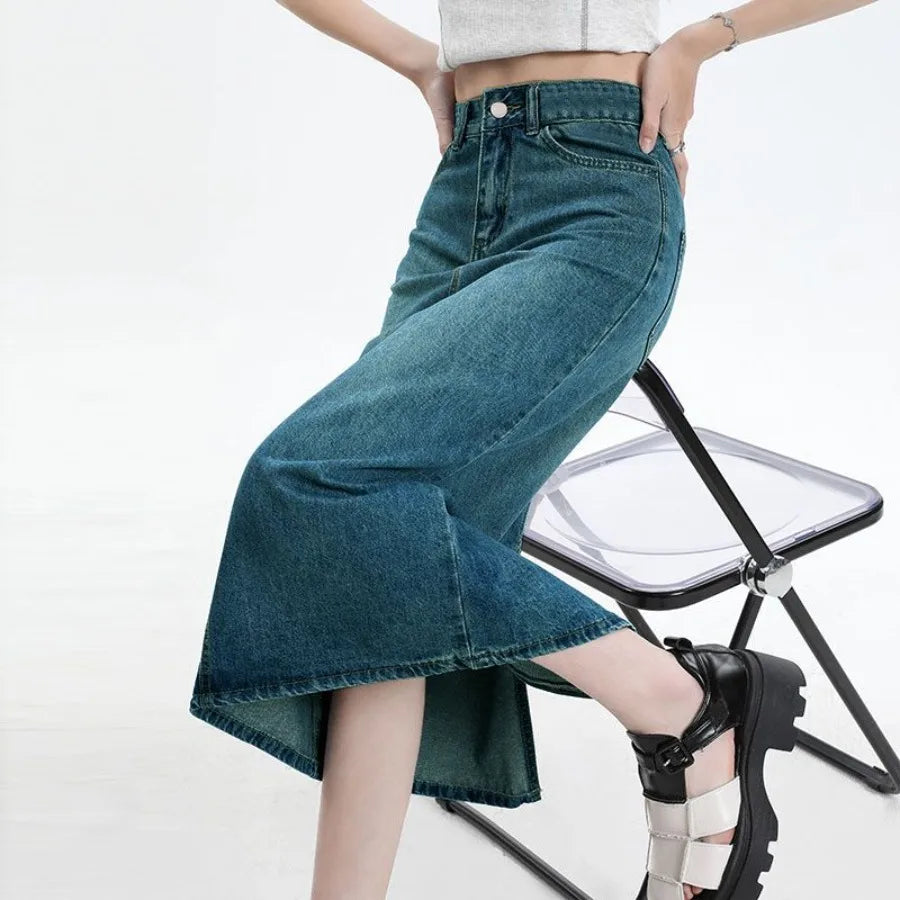 【HOT】New small size medium-length bags covering the flesh covering the -forked retro blue denim bust skirt for women — view 4 of product