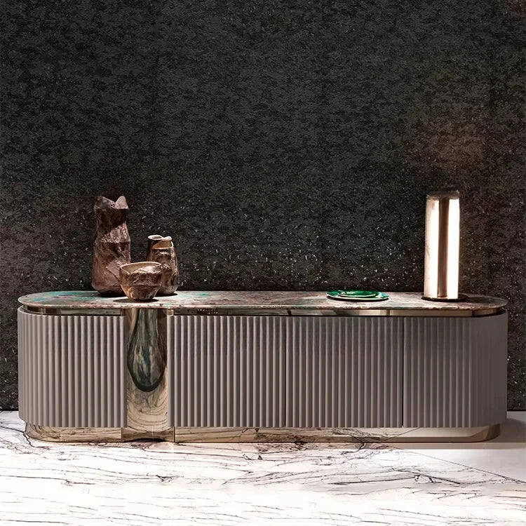 Luxury Grey Wooden TV Cabinet – Modern Marble & Stainless Steel Stand